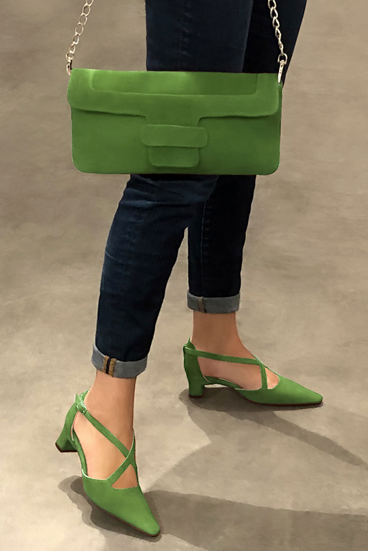 Grass green women's open side shoes, with crossed straps. Tapered toe. Low kitten heels. Worn view - Florence KOOIJMAN